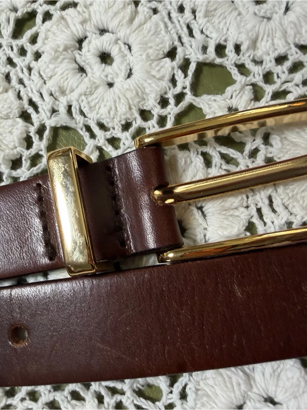 Vtg Brown Leather Belt with Gold-Tone Double Bar Buckle 43”